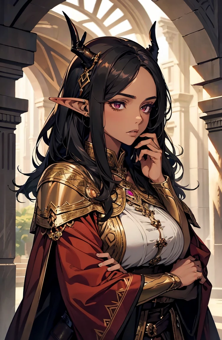 brown skin, older woman, sexy, tall, brown skin, one dragon wing, black hair, elf, elf ears, dragon horns, dark clothing, purple clothing