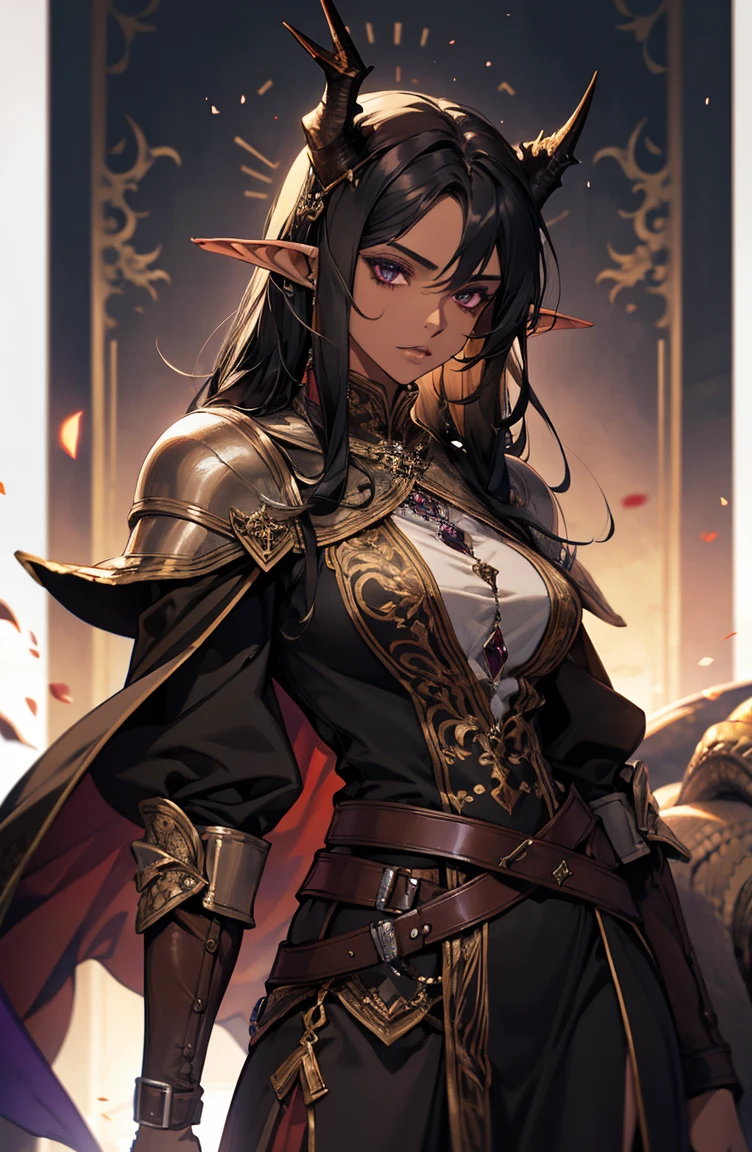 brown skin, older woman, sexy, tall, brown skin, one dragon wing, black hair, elf, elf ears, dragon horns, red eyes, purple clothing