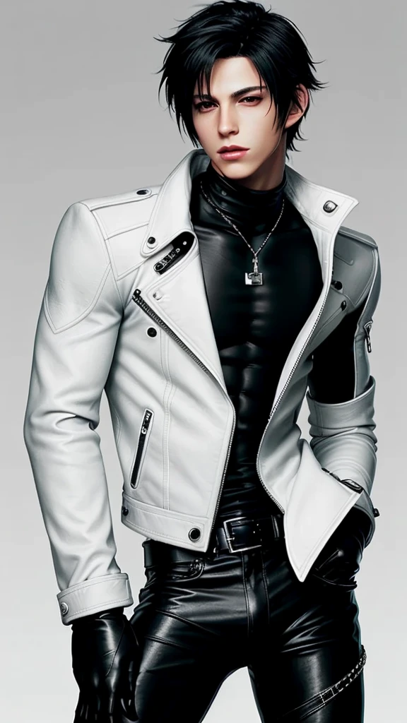 Final fantasy taste and reality graphics, Japanese young cute and cool ikemen boy, his age is early 20s, thin eyebrows and beady eyes, he wearing off white color leather thick singlebrest biker jacket, with epaulet, jacket front is zipped up, jacket is biker style, , jacket collar is high length stand-up collar with belts, jacket is a little black line pattern,close the front of the jacket, also wearing black thick turtleneck lackluster shirts, tight black leather pants, shiny black leather tight and thin glove, black leather knee-high raceup boots,must views head-to-toe,must views whole body, boy looks like fashion model,Do not show skin from the neck down,leather jacket leather glove and leather pants have few wrinkles,boy in the room,