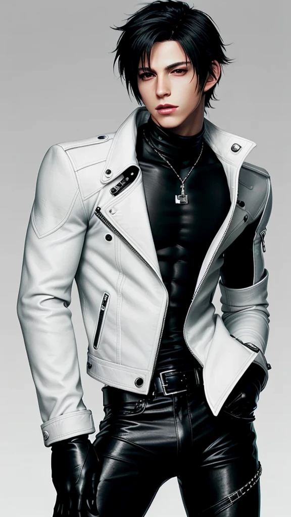 Final fantasy taste and reality graphics, Japanese young cute and cool ikemen boy, his age is early 20s, thin eyebrows and beady eyes, he wearing off white color leather thick singlebrest biker jacket, with epaulet, jacket front is zipped up, jacket is biker style, , jacket collar is high length stand-up collar with belts, jacket is a little black line pattern,close the front of the jacket, also wearing black thick turtleneck lackluster shirts, tight black leather pants, shiny black leather tight and thin glove, black leather knee-high raceup boots,must views head-to-toe,must views whole body, boy looks like fashion model,Do not show skin from the neck down,leather jacket leather glove and leather pants have few wrinkles,boy in the room,