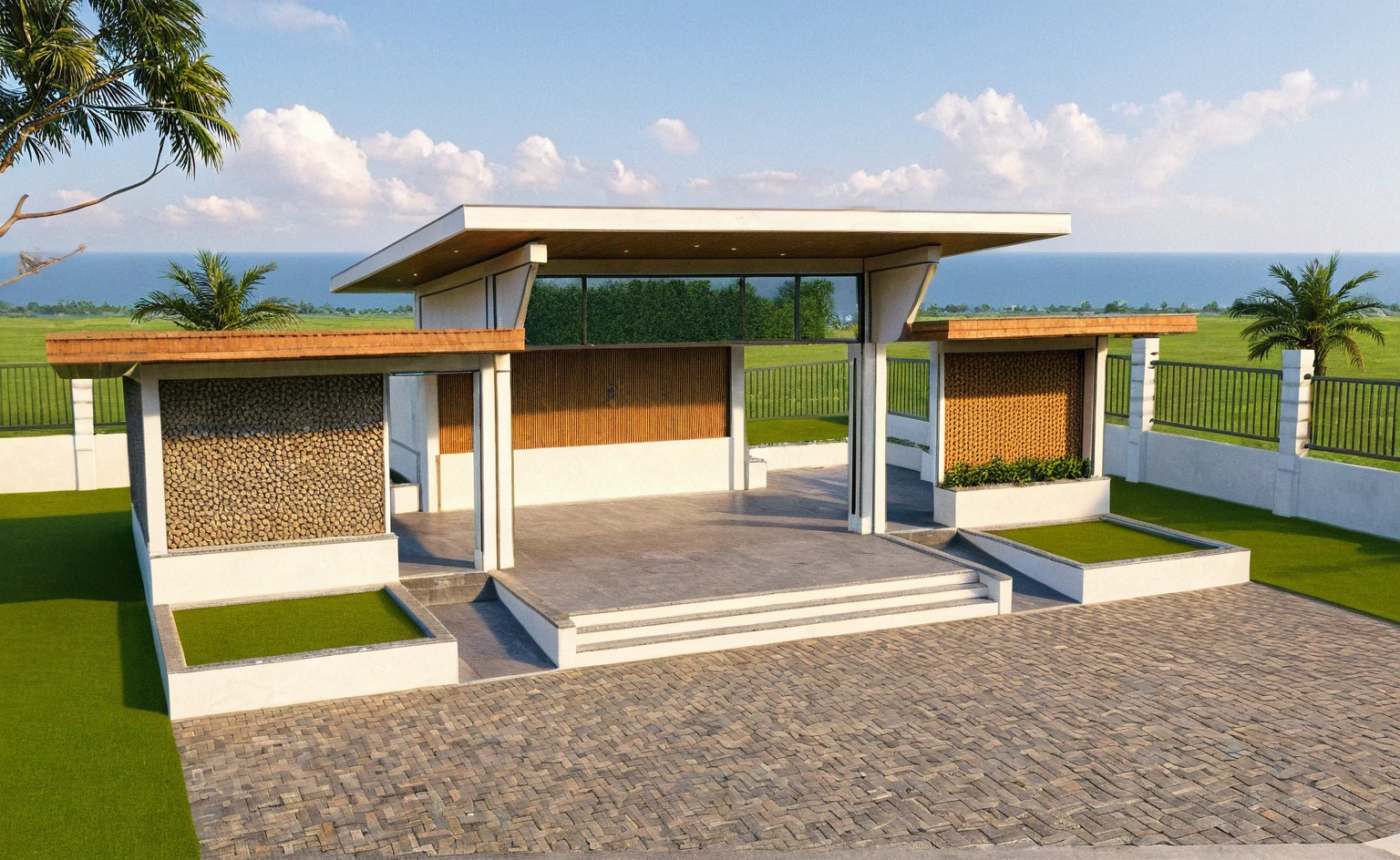 Masterpiece, high quality, best quality, authentic, super detail, outdoors, huts, white wall, road, pavement, grass, trees, blue sky, cloud, (day:1.1), realistic lighting
