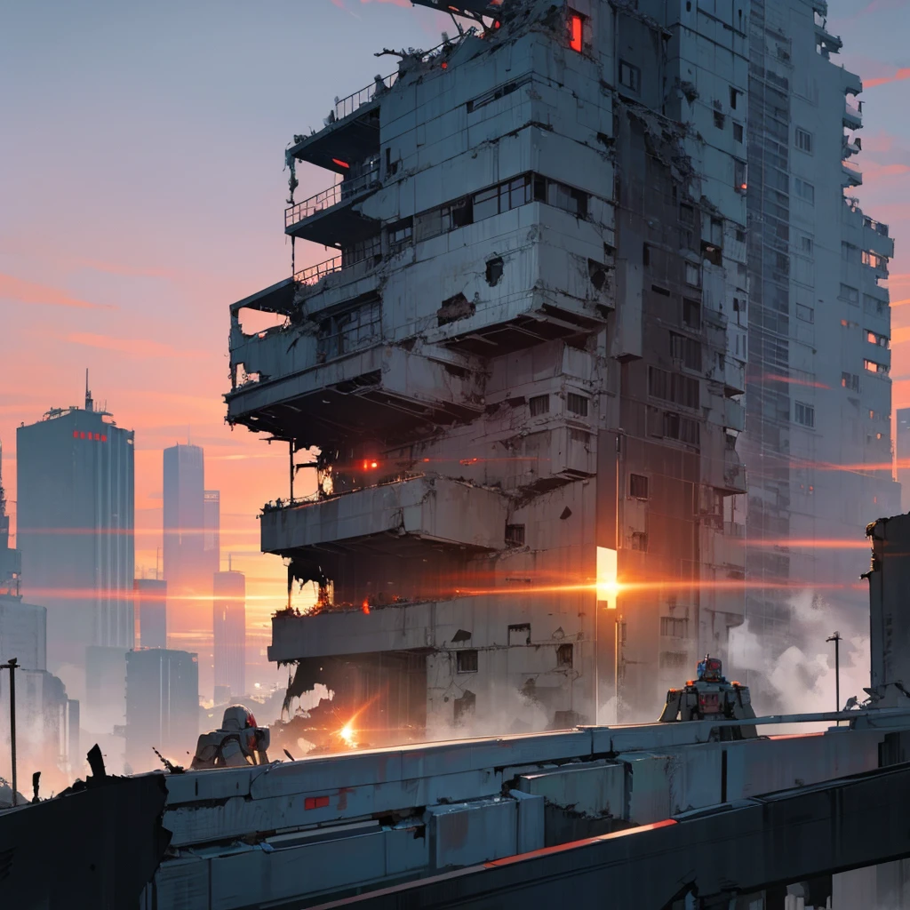 male Robot, Red eyes, Cybernetic Parts, Over a building, Destroyed city on background, Sunrise