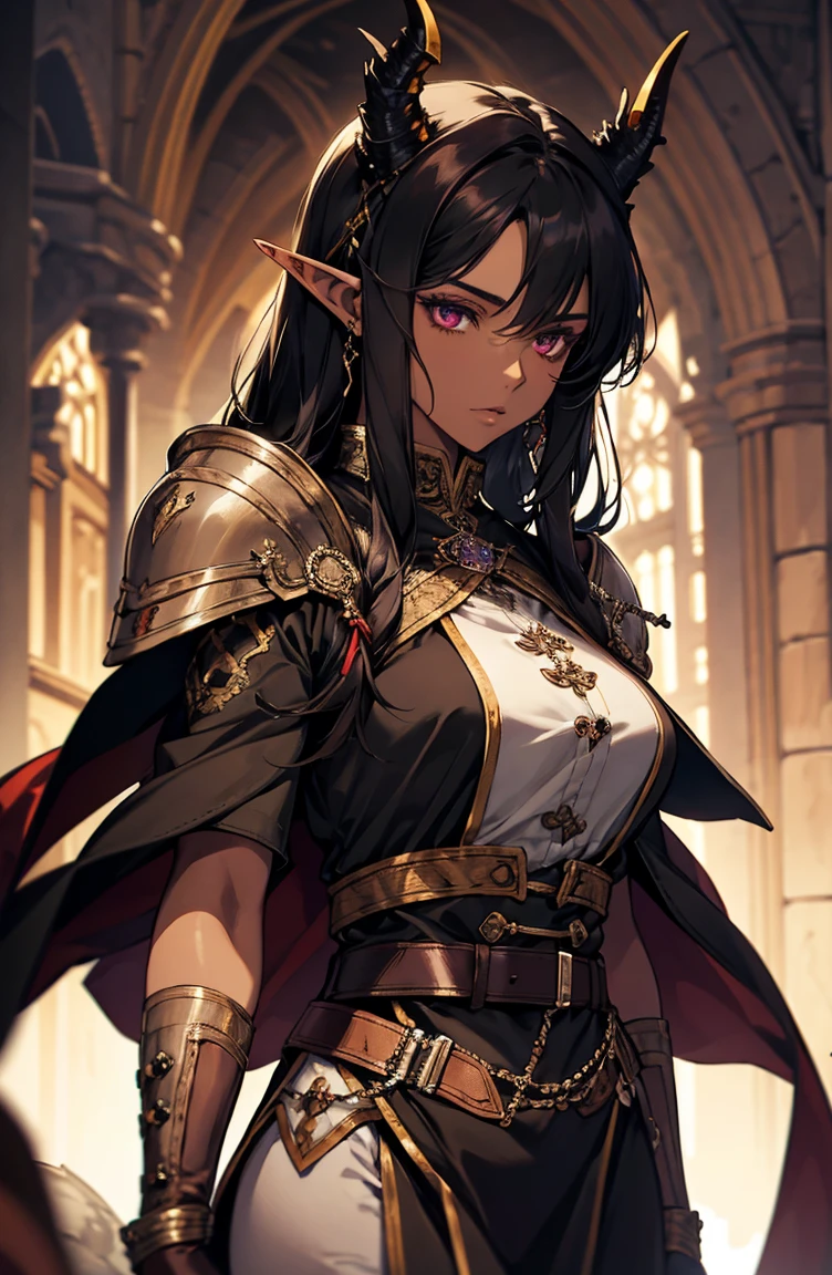 brown skin, older woman, sexy, tall, brown skin, one dragon wing, black hair, elf, elf ears, dragon horns, dark clothing, purple clothing