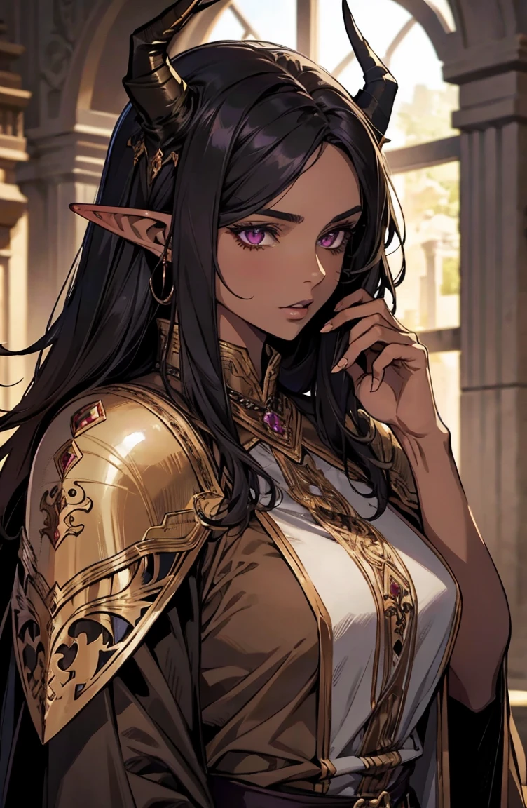 brown skin, older woman, sexy, tall, brown skin, one dragon wing, black hair, elf, elf ears, dragon horns, dark clothing, purple clothing