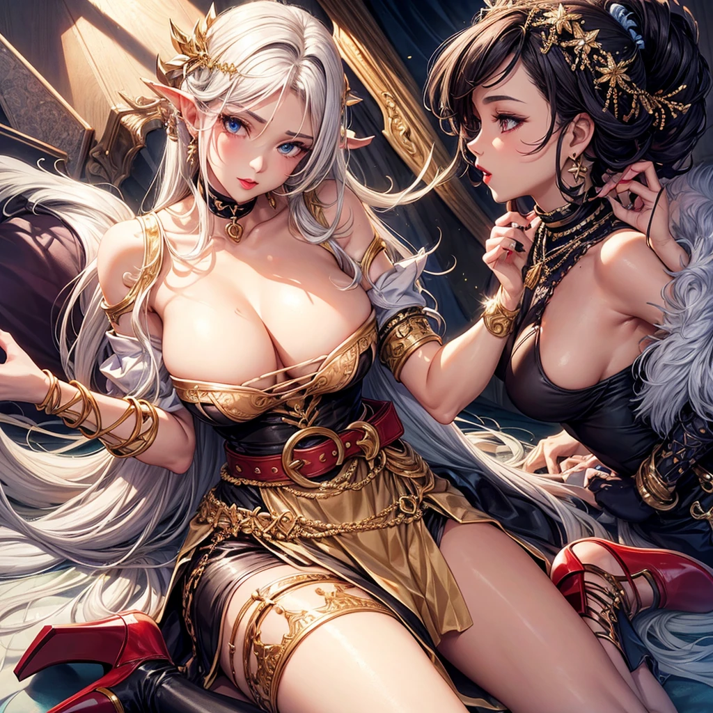 off-shoulder,belt,legbelt,armlet,choker,pierc,high heels,lipstick, large breasts, deep kiss,