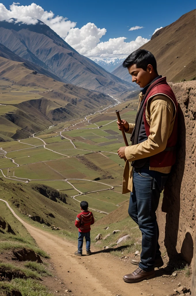 A young man discovering a treasure With Andean theme