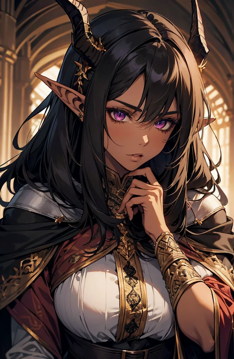 brown skin, older woman, sexy, tall, brown skin, one dragon wing, black hair, elf, elf ears, dragon horns, dark clothing, purple clothing