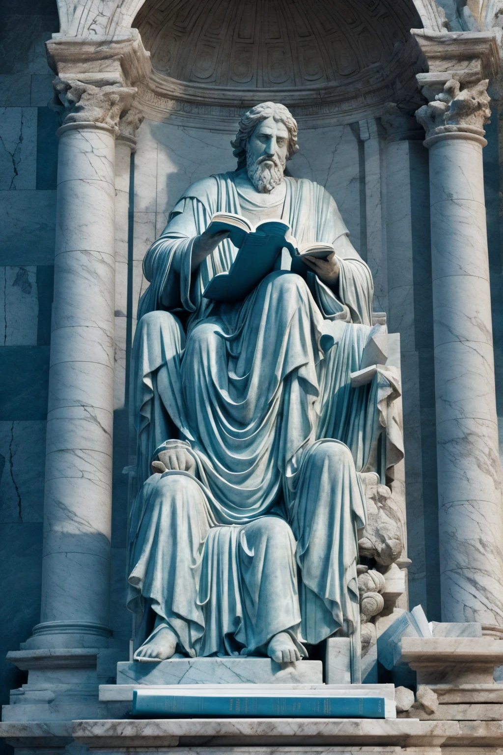 make a statue of an ancient philosopher reading a book sitting on a throne, make the statue entirely out of marble with lots of cracks and blue light coming out of the cracks to give the impression of an abandoned statue (make the image from the front, realistic and ancient looking)