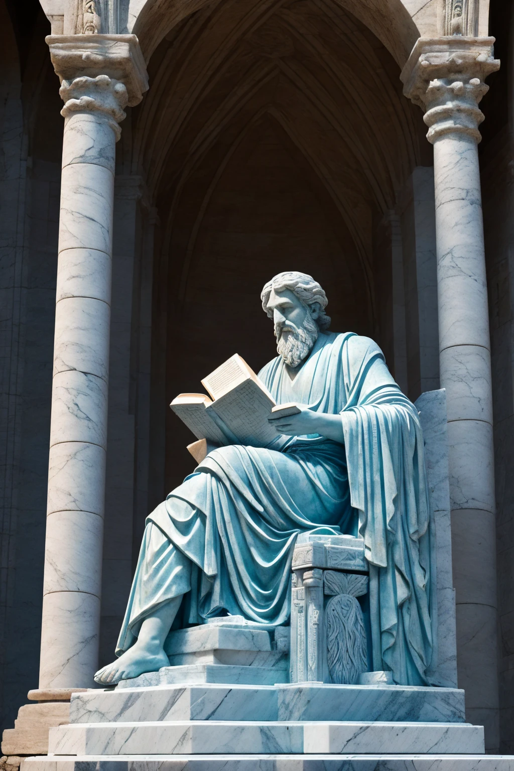 make a statue of an ancient philosopher reading a book sitting on a throne, make the statue entirely out of marble with lots of cracks and blue light coming out of the cracks to give the impression of an abandoned statue (make the image from the front, realistic and ancient looking)