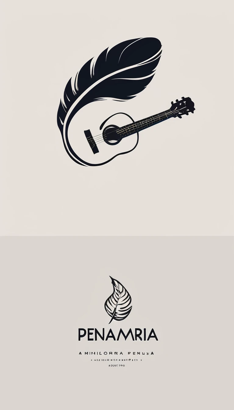 A minimal, modern, simple, cinematic logo design for the brand “Penamemoria". The logotype must be a simple, magical feather and a boy playing acoustic guitar. The logo must convey a sense of music, stories, memories and dreams. Minimalistic logo design of a boy dissolving into a feather of dreams and memories