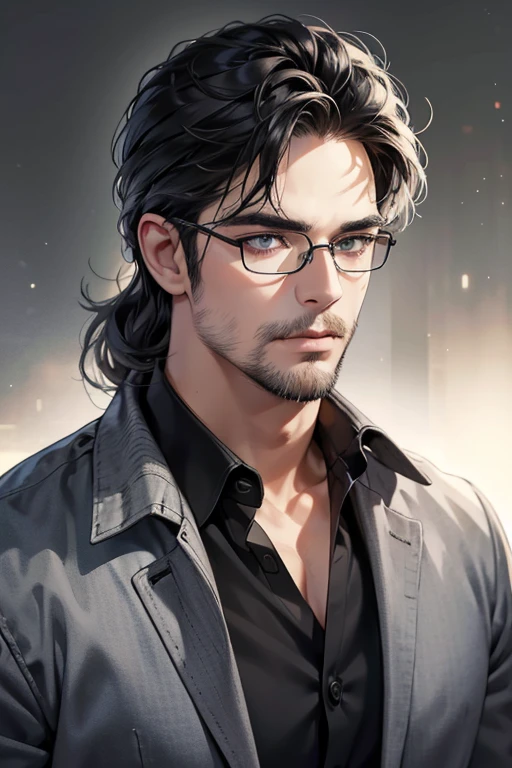 (Best quality,4K,8K,a high resolution,masterpiece:1.2),ultra detailed,(realistic,photorealistic,photo-realistic:1.37),39 year old man,3 day beard,Beautiful anime,portraits,strong,masculine,dark hair,Sharp jawline,Mesmerizing eyes,Perfectly styled hair,cool anime outfit,confident expression,bright colors,dynamic lighting, grey eyes, (black shirt, glasses on face)