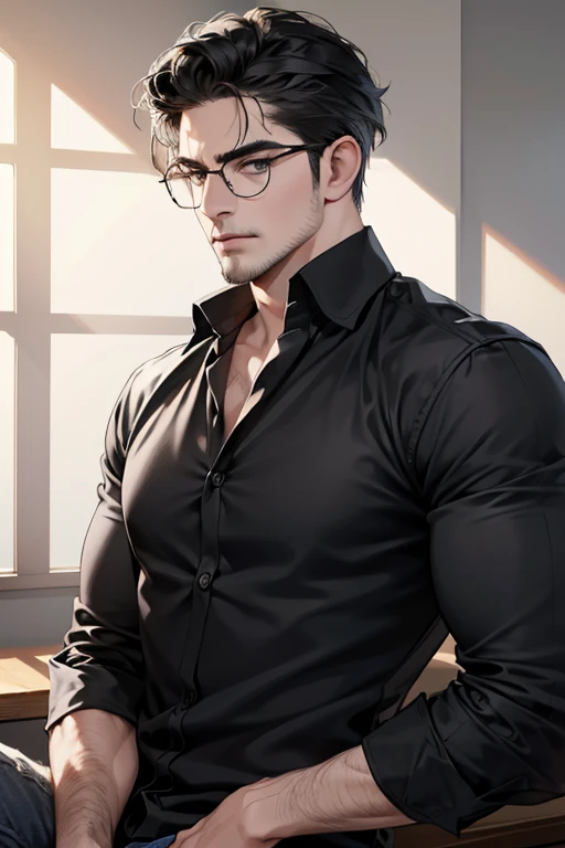 (Best quality,4K,8K,a high resolution,masterpiece:1.2),ultra detailed,(realistic,photorealistic,photo-realistic:1.37),39 year old man,3 day beard,Beautiful anime,portraits,strong,masculine,dark hair,Sharp jawline,Mesmerizing eyes,Perfectly styled hair,cool anime outfit,confident expression,bright colors,dynamic lighting, grey eyes, (black shirt, glasses on face)