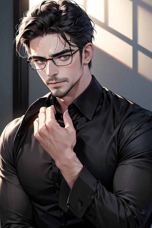 (Best quality,4K,8K,a high resolution,masterpiece:1.2),ultra detailed,(realistic,photorealistic,photo-realistic:1.37),39 year old man,3 day beard,Beautiful anime,portraits,strong,masculine,dark hair,Sharp jawline,Mesmerizing eyes,Perfectly styled hair,cool anime outfit,confident expression,bright colors,dynamic lighting, grey eyes, (black shirt, glasses on face)