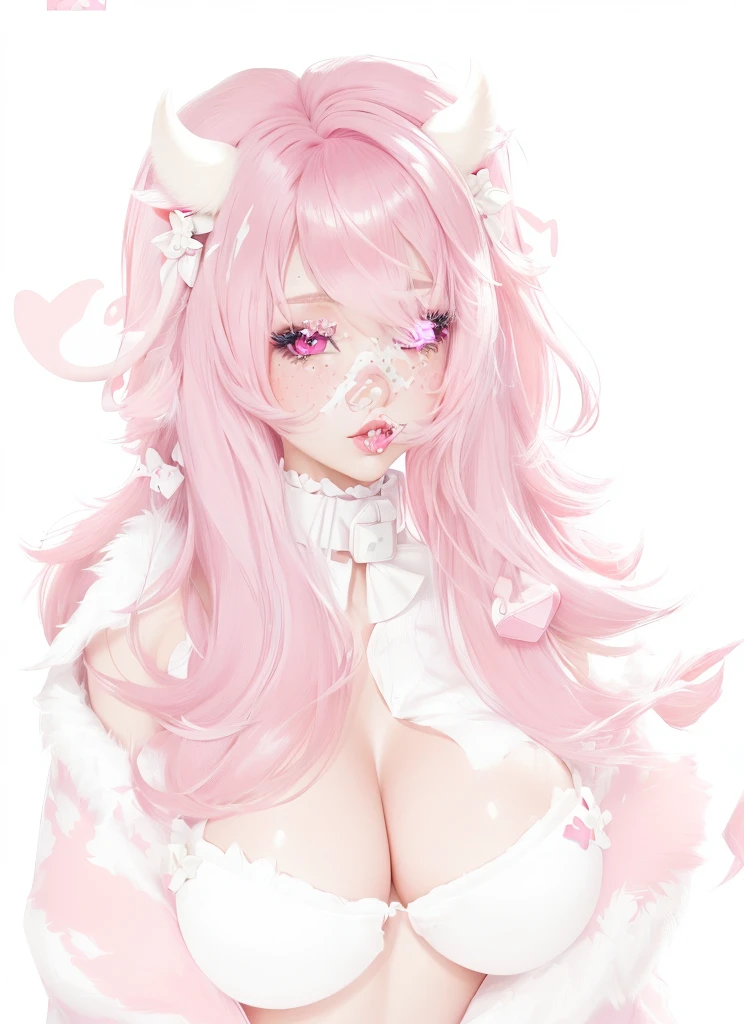 IMVU, pink hair, pink heart eyes, whupale skin, white and pink cow ears, white horns with pink bows, fuzzy white jacket with pink spots, pink cowbell choker, kawaii, soft, high quality, masterpiece, 8k