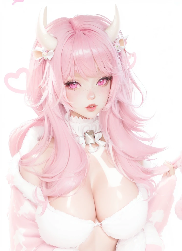 IMVU, pink hair, pink heart eyes, whupale skin, white and pink cow ears, white horns with pink bows, fuzzy white jacket with pink spots, pink cowbell choker, kawaii, soft, high quality, masterpiece, 8k