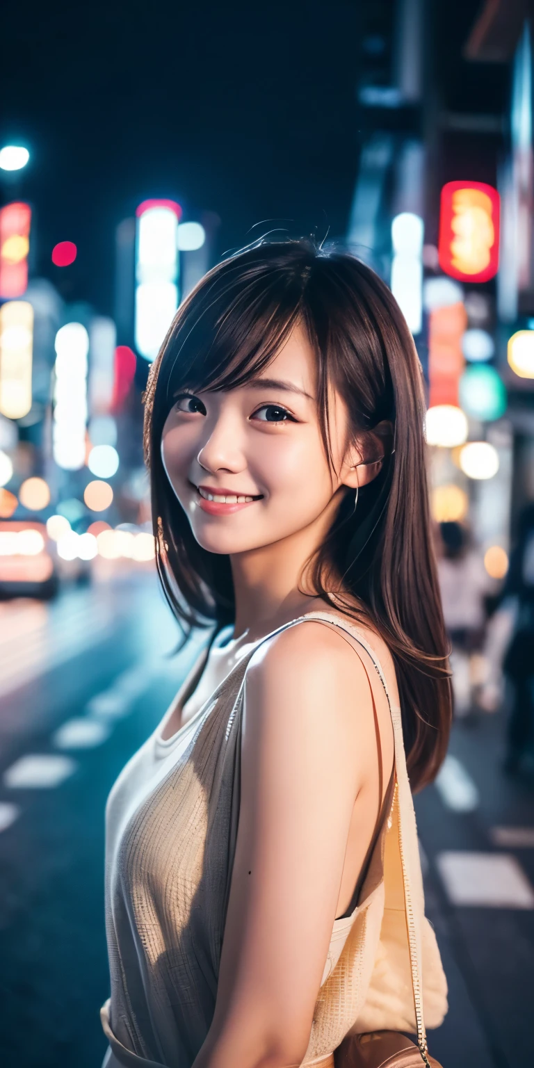 One girl, Tokyo Street,night, Cityscape,City lights,Upper Body,close,smile,, (8K, RAW Photos, Highest quality, masterpiece:1.2),(Realistic, photo-Realistic:1.37),