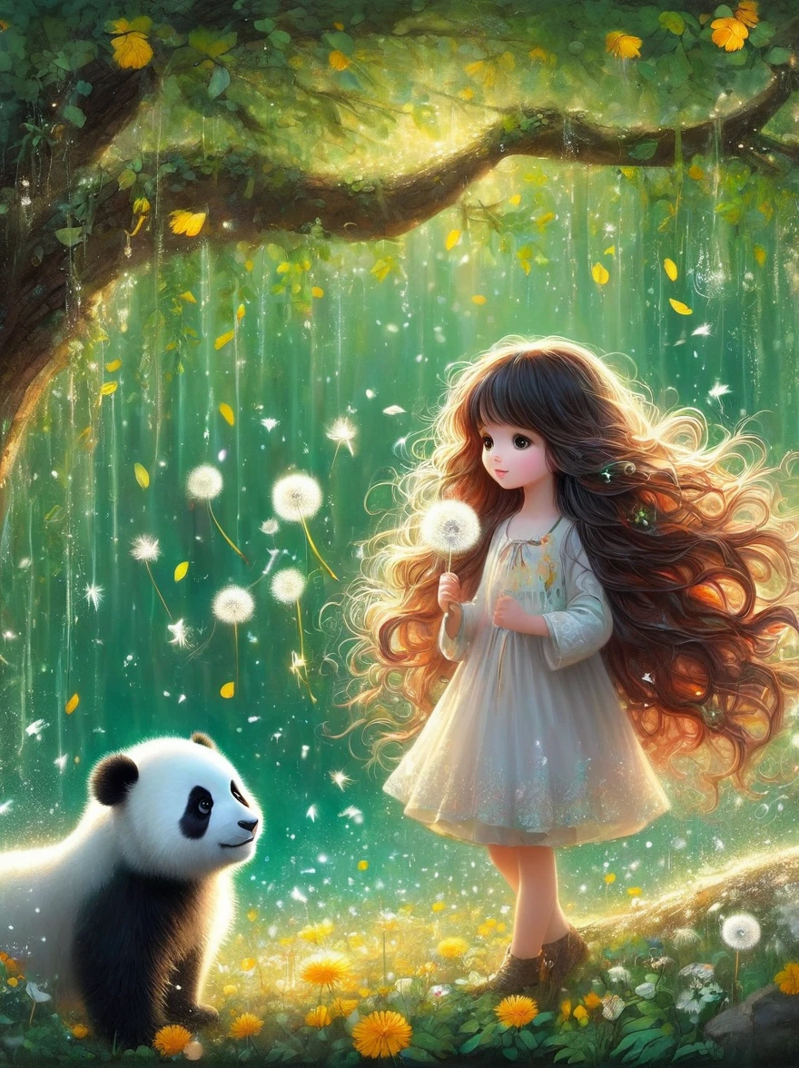 1girl, 独奏, Long hair, Red hair, Long sleeve, skirt, myopia, flower, from the side, Tree, contour, animal, Watermark, Wavy Hair, flower卉印flower, giant panda, plant, Nature, Network skirt, forest, curls, Green dress, vine，Glowing silver light，Innocence，storybook-like，对Nature的温柔描绘，Wear，so beautiful, in the style of Amanda clark, Evgeni gordiets