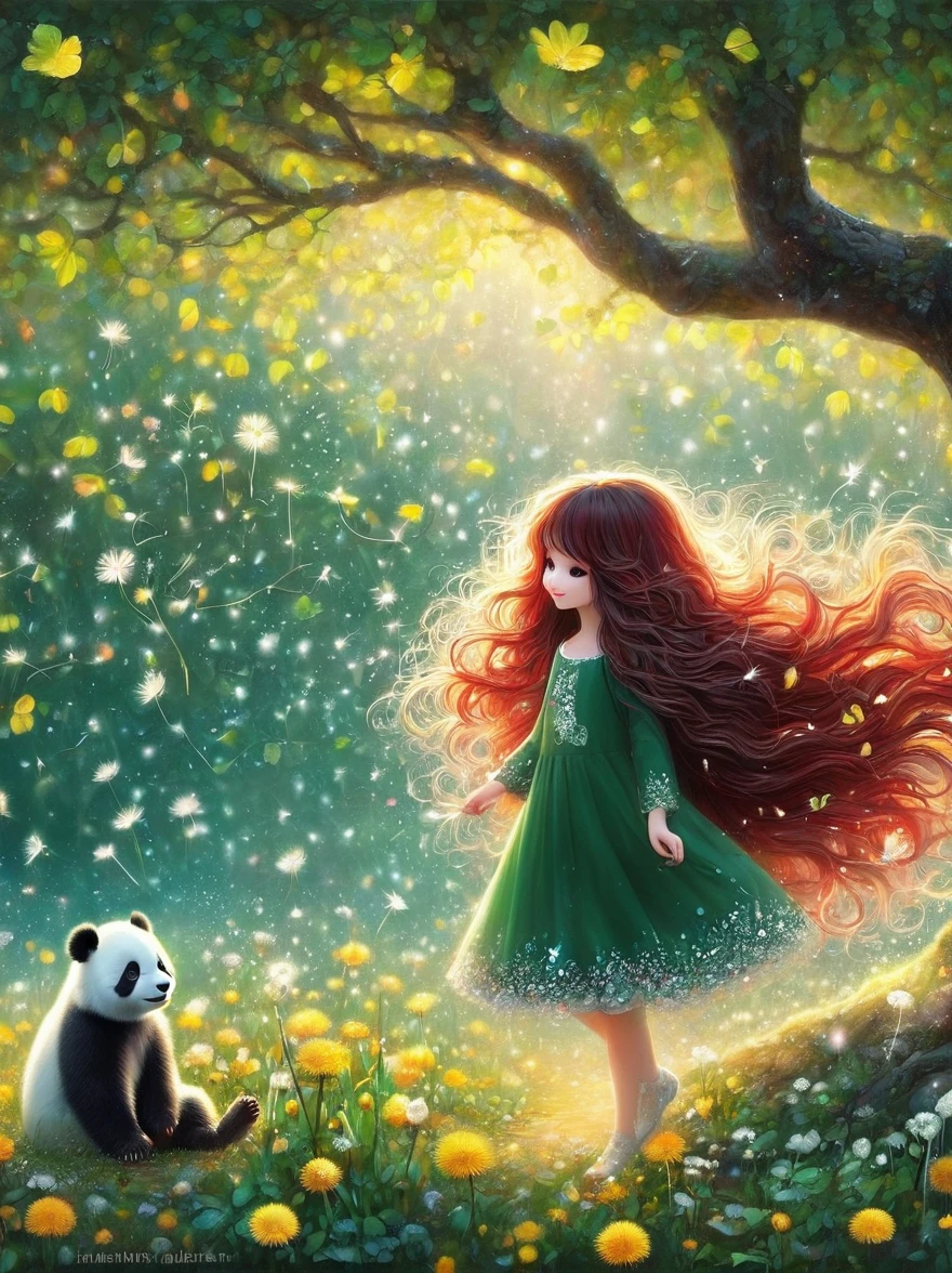 1girl, 独奏, Long hair, Red hair, Long sleeve, skirt, myopia, flower, from the side, Tree, contour, animal, Watermark, Wavy Hair, flower卉印flower, giant panda, plant, Nature, Network skirt, forest, curls, Green dress, vine，Glowing silver light，Innocence，storybook-like，对Nature的温柔描绘，Wear，so beautiful, in the style of Amanda clark, Evgeni gordiets