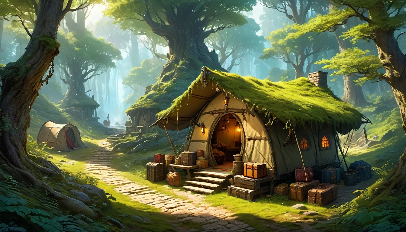 (by Greg Rutkowski: 1.2), (masterpiece, best quality, high resolution, highly detailed, depth of filed, HDR:1.2), extremely delicate and beautiful, illustration, pale colors, (fantasy landscape, from dungeon and dragons), A mesmerizing fantasy with enchanting elements blending seamlessly. ((a traveler small camp in the forest path, people, luggage, boxes)).