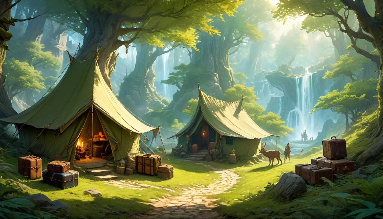 (by Greg Rutkowski: 1.2), (masterpiece, best quality, high resolution, highly detailed, depth of filed, HDR:1.2), extremely delicate and beautiful, illustration, pale colors, (fantasy landscape, from dungeon and dragons), A mesmerizing fantasy with enchanting elements blending seamlessly. ((a traveler small camp in the forest path, people, luggage, boxes)).