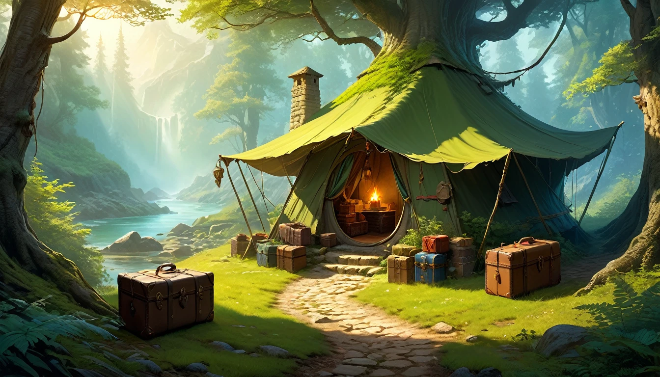 (by Greg Rutkowski: 1.2), (masterpiece, best quality, high resolution, highly detailed, depth of filed, HDR:1.2), extremely delicate and beautiful, illustration, pale colors, (fantasy landscape, from dungeon and dragons), A mesmerizing fantasy with enchanting elements blending seamlessly. ((a traveler small camp in the forest path, people, luggage, boxes)).