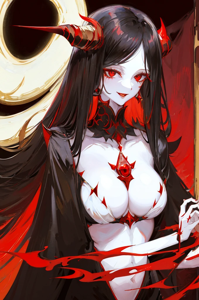 honey, (only), pale skin, long black hair, black horns up, red eyes, red eye shadow, red lipstick, big breasts, awas, Diabolical  smile, masterpiece, high high quality 