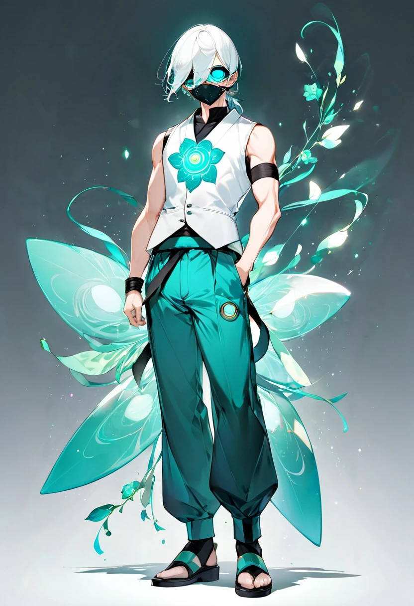 Full body shot of a male martial artist, wearing a white sleeveless vest and teal pants. He has a futuristic mask made of jade that covers his face but has large eye holes, with a glowing emerald flower symbol on his chest. --ar 5:8 --s 750 --niji 6