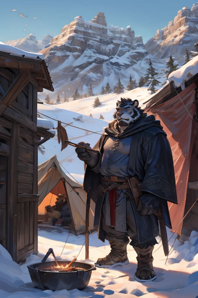 By Taran Fiddler, One man, furry, anthropomorphic snow tiger, mature male, dilf, older male, muscular, mustache, handsome face, white and black fur, stern face, medieval clothing, wearing light brown cloak, wearing satchel, standing up, arms crossed, cooking pot nearby, snow background, tent settlement background, moutain background, silhouettes in background (slightly crowded)