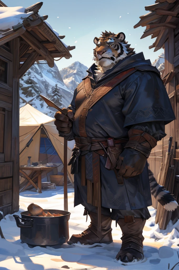 By Taran Fiddler, One man, furry, anthropomorphic snow tiger, mature male, dilf, older male, muscular, mustache, handsome face, white and black fur, stern face, medieval clothing, wearing light brown cloak, wearing satchel, standing up, arms crossed, cooking pot nearby, snow background, tent settlement background, moutain background, silhouettes in background (slightly crowded)