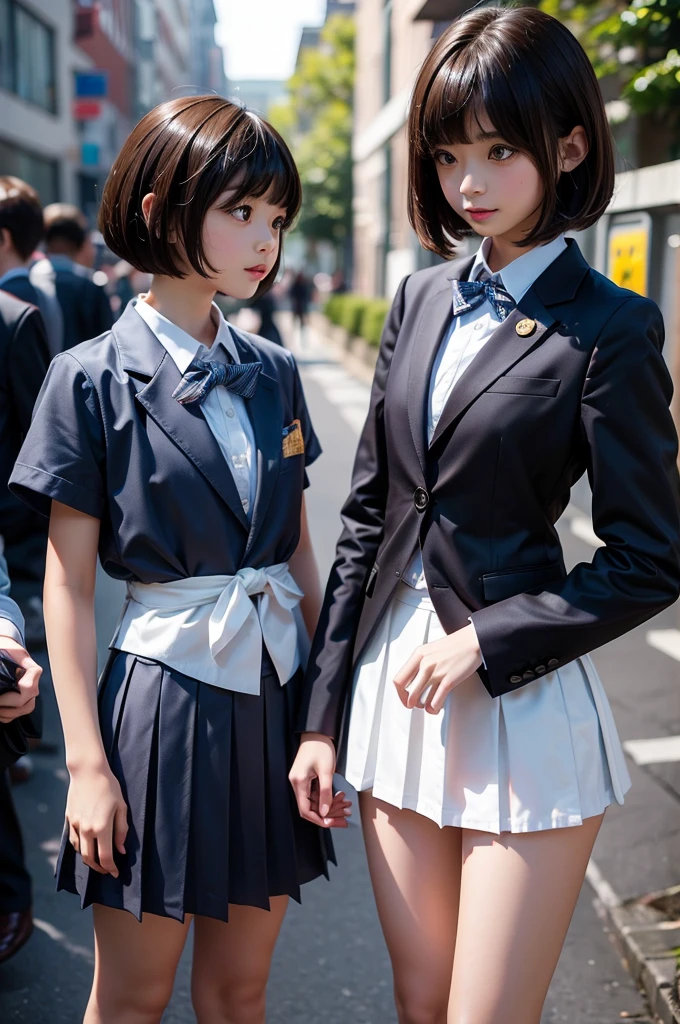 One Woman、((Standing wearing a blazer and miniskirt school uniform))、,((small breasts)),Highest quality、Very delicate and beautiful、((Very short bangs))、((Bangs))、明るいつやのある茶色の髪のHighest quality、Very delicate and beautiful、((Very short bangs))、((blunt bangs))、Light shiny brown hair、The hair is light、((Short Bob))、Cute face、Young face、Cute like an idol、Are thin、Slim figure、slender、Short、 body type、((The background is the elementary school yard.g from the side、profile、