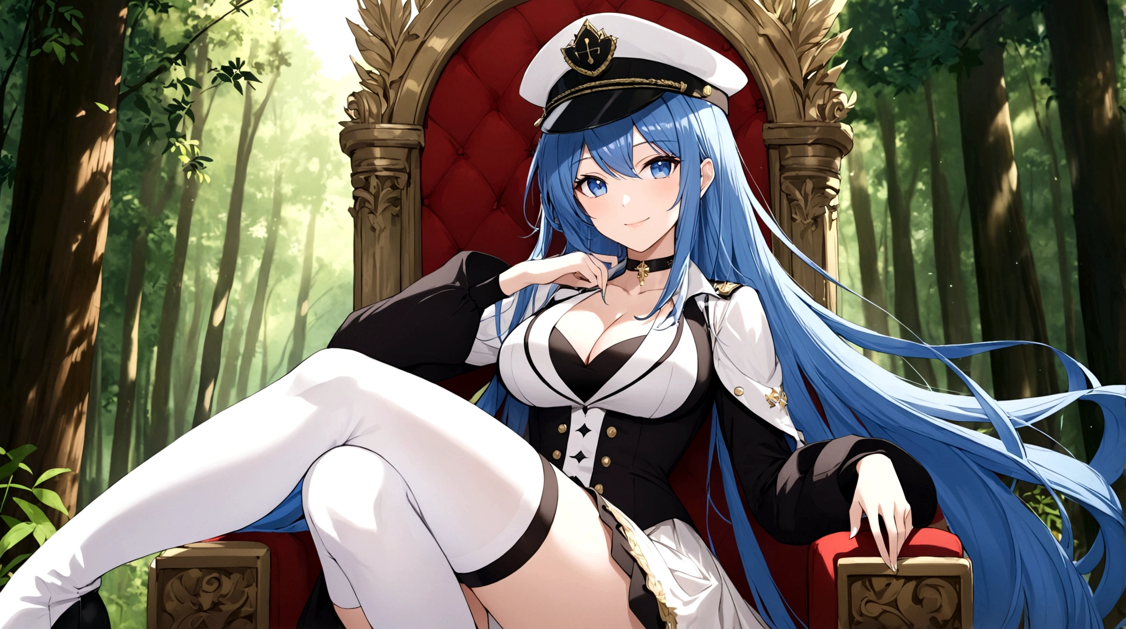 1girl, solo, long hair, breasts, looking at viewer, smile, blue eyes, large breasts, simple background, thighhighs, hat, white background, cleavage, medium breasts, sitting, very long hair, blue hair, boots, uniform, white thighhighs, military, military uniform, thigh boots, chair, white footwear, peaked cap