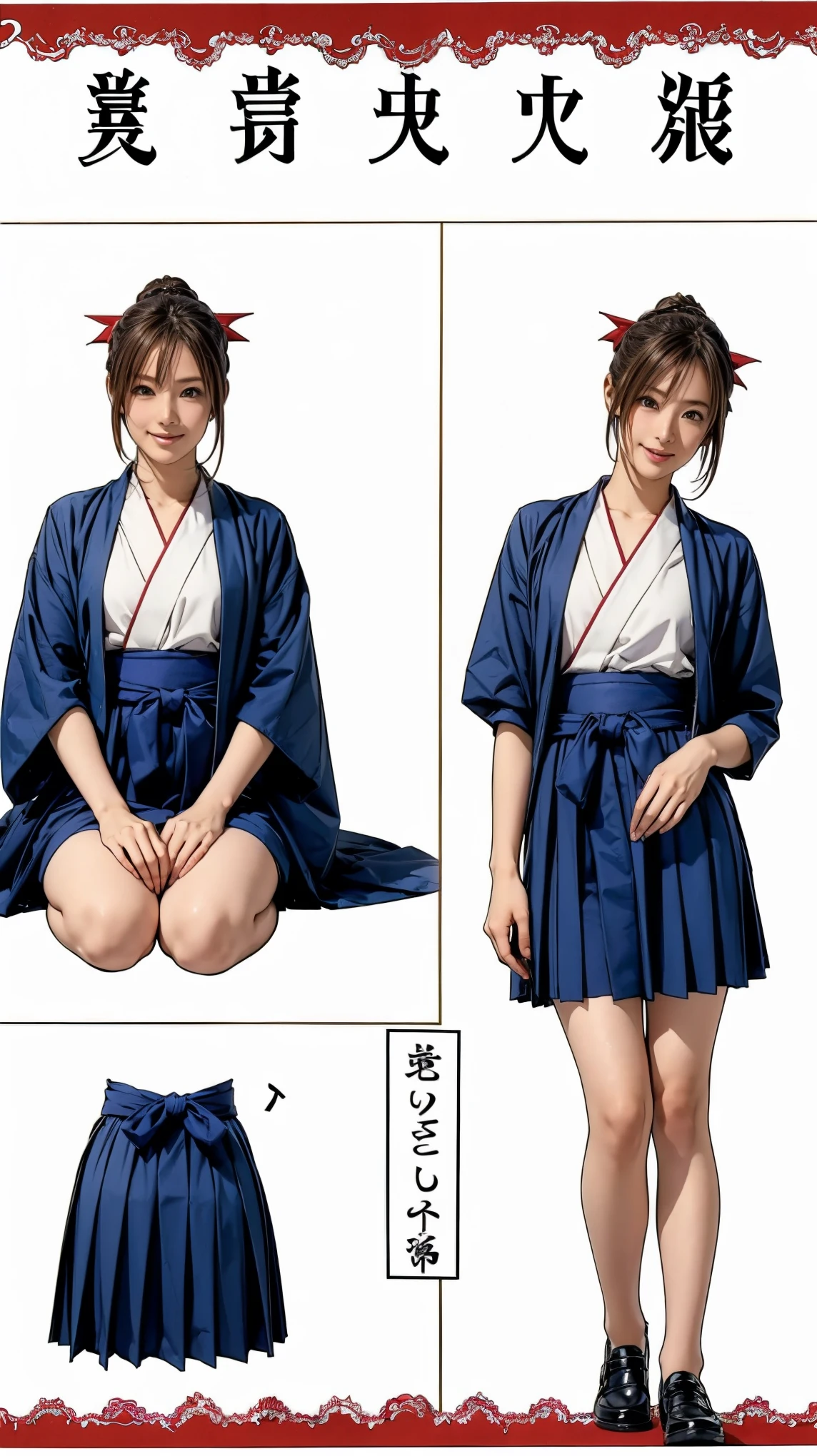 ((masterpiece)),(((Highest quality))),((Character design sheet)),Thin thighs,Long legs, One girl, Honoka, Shrine maiden, Hakama skirt, Sitting, shrine, smile 