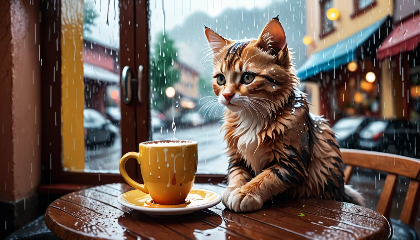 (Photo Cinematic), Rain outside, Kitten, Sitting by the window in a cafe, Drinking hot chocolate, Reading, 2D, Colorful, Warm atmosphere,