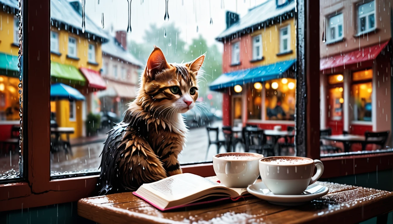 (Photo Cinematic), Rain outside, Kitten, Sitting by the window in a cafe, Drinking hot chocolate, Reading, 2D, Colorful, Warm atmosphere,