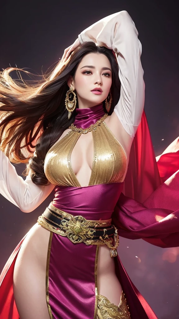 A realistic portrayal of a tall, slender woman with a confident and striking presence. She has long, nude、flowing black hair that cascades past her waist. Her eyes are large, expressive, and convey a determined look. She wears large, ornate golden earrings that dangle elegantly.

Her outfit is intricate and revealing, with a deep red, long-sleeved top that features a plunging neckline. The sleeves are adorned with patterns that resemble scales or feathers. Around her waist, she wears a wide, ornate belt with gold and jewel-like accents. Her lower garment is a high-slit skirt that exposes one of her legs, showcasing colorful, elaborate patterns in green, white, and red. Draped over her shoulders is a long, flowing cape or shawl in shades of white and light purple, billowing dramatically behind her.

She strikes a dynamic pose, with one arm raised and the other extended forward, her legs positioned to emphasize movement and grace. Her facial expression is confident and slightly playful, with a small smile.

The background is vibrant and dynamic, filled with swirling patterns and light effects in pink, purple, and white hues, creating a magical and energetic atmosphere. Sparkling light effects and radiant streaks emphasize her dramatic entrance or action. The art style should be hyper-realistic, capturing the elegance, strength, and fantasy elements of the character.”g-cup bust

This prompt should help in visualizing the character in a realistic manner while maintaining the essence of the original anime style.