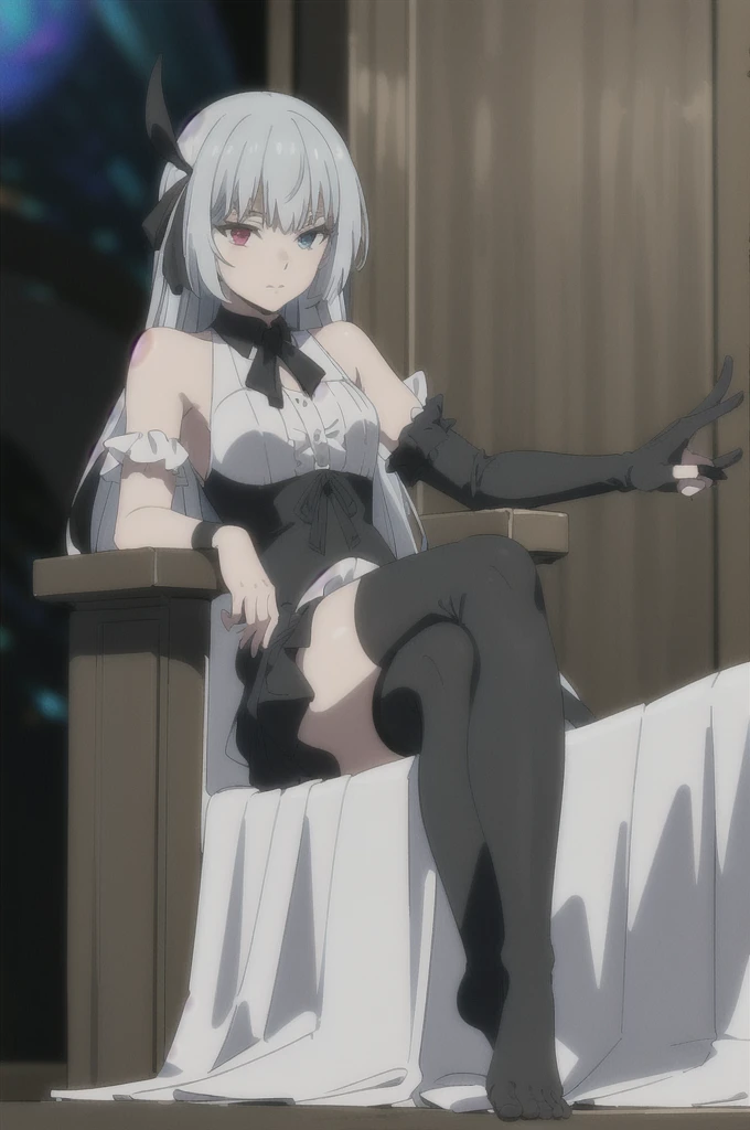 (masterpiece, 4k, best quality, highly detailed, 1girl, solo, 28 years old, luminous valentine, sitting, throne, gothic, long dress, crossed legs, full body, feet, from below, black thighhighs), foot fetish, long hair, heterochromia, (medium breasts:0.6), small breasts, (head rest:1.2), looking at viewer,