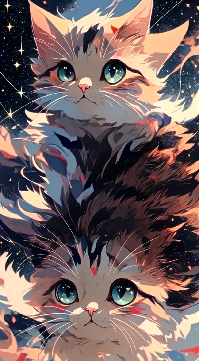 Anime art wallpaper, background starry sky, cat head appearance, 4K clarity. Draw realistic and cute anime cats in detail, digital art style. 8K high-definition digital animation wallpaper, ultra-high detail value, small and cute, showing the most exquisite digital animation art.