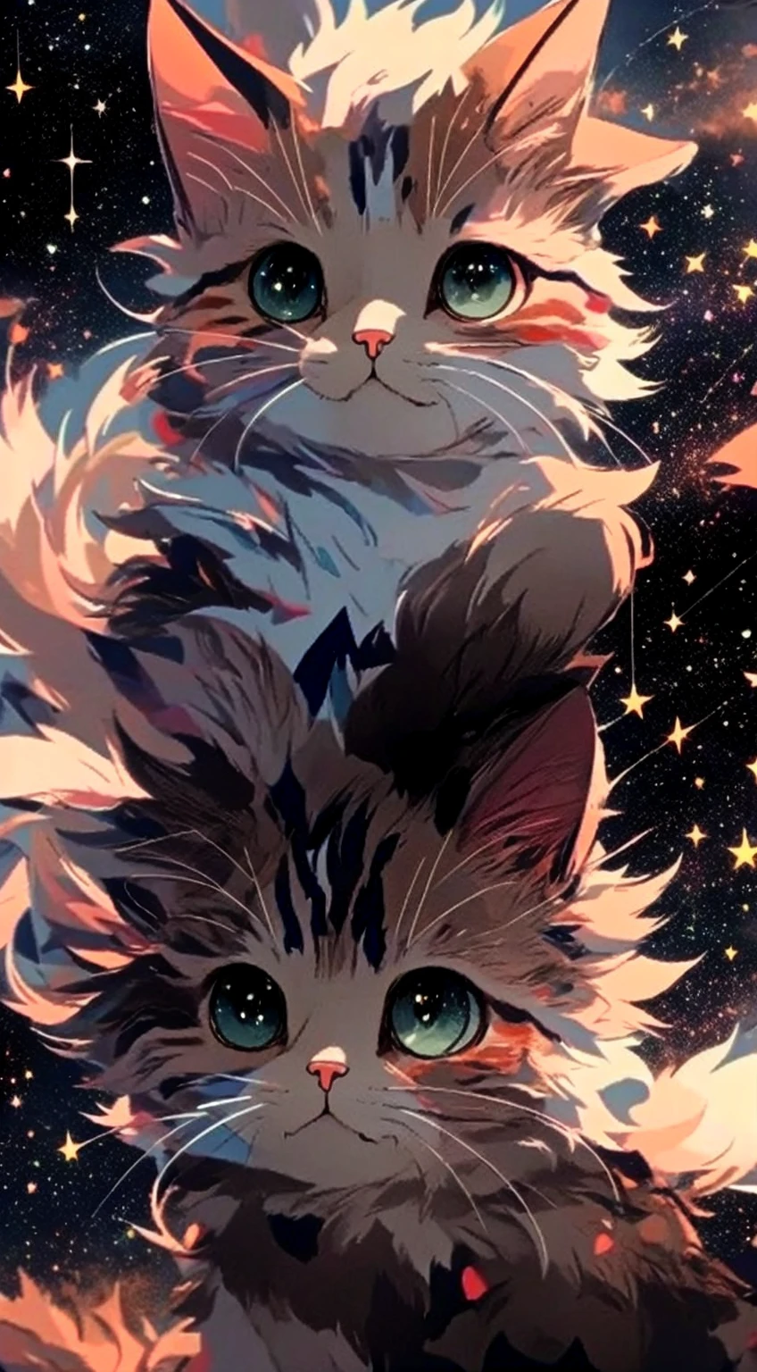 Anime art wallpaper, background starry sky, cat head appearance, 4K clarity. Draw realistic and cute anime cats in detail, digital art style. 8K high-definition digital animation wallpaper, ultra-high detail value, small and cute, showing the most exquisite digital animation art.
