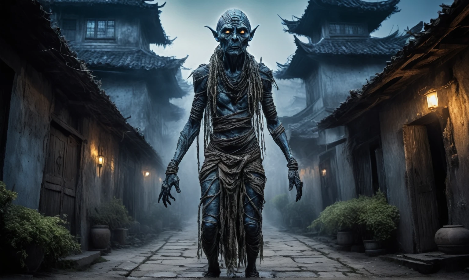 full body length shot,beggar niobium graphite mummy of Alien Entity,native africa sparas ,steampunk azctec city,Cinematic,soft colors, Technicolor,natural skin textures, hyper realism, hyper detailed,Extremely detailed,High contrast,Masterpiece,Realistic,Ultra Detailed, intricate details,realistic humid leather,extremely intricate,Epic Realistic, cinematic style, irina yermolova,high contrast,hdr,extremely detailed, [deep night landscape],masterpiece, intricate details, eyes extremely detailed, high detailed eyes,8k resolution,retina, Nikon Z9,Korea,orc,Li River in Guangxi Zhuang of Italia, Pisces, transition between two art styles, Double contact, X-ray, Creative, vivid light, fantasy, Abstract, Surrealism, super detailed, high resolution, trap against fairies between houses in air,insanity wear,Her skin is pale, almost translucent. His eyes shine with a bluish glow, he wears dark,, symbols of mourning and gothic elements, further emphasizing its dark air. is portrayed as a haunted and tormented entity
