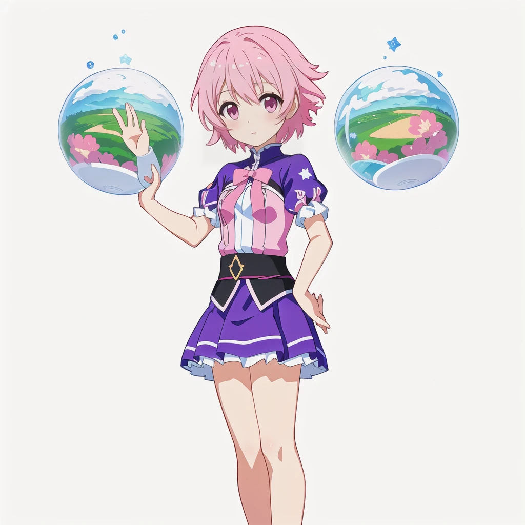 Highest quality, high resolution, High quality anime art style, Official Art, Smooth anime CG art, Stylized anime, Cute 3D anime girl render, Visual Novel Sprites, White background, whole body, Anime-style 3D, Smooth anime CG art, Humanoid Girl, JRPG Characters, Magical Girl Style, Pink Hairと紫色のドレスを着たアニメの女の子, Pink Hair, short hair, Pink ribbon, Floating in the air with stars painted on it２Spheres, Holding a magic recorder in his left hand ,Small Bust, Small breasts, 13 years old