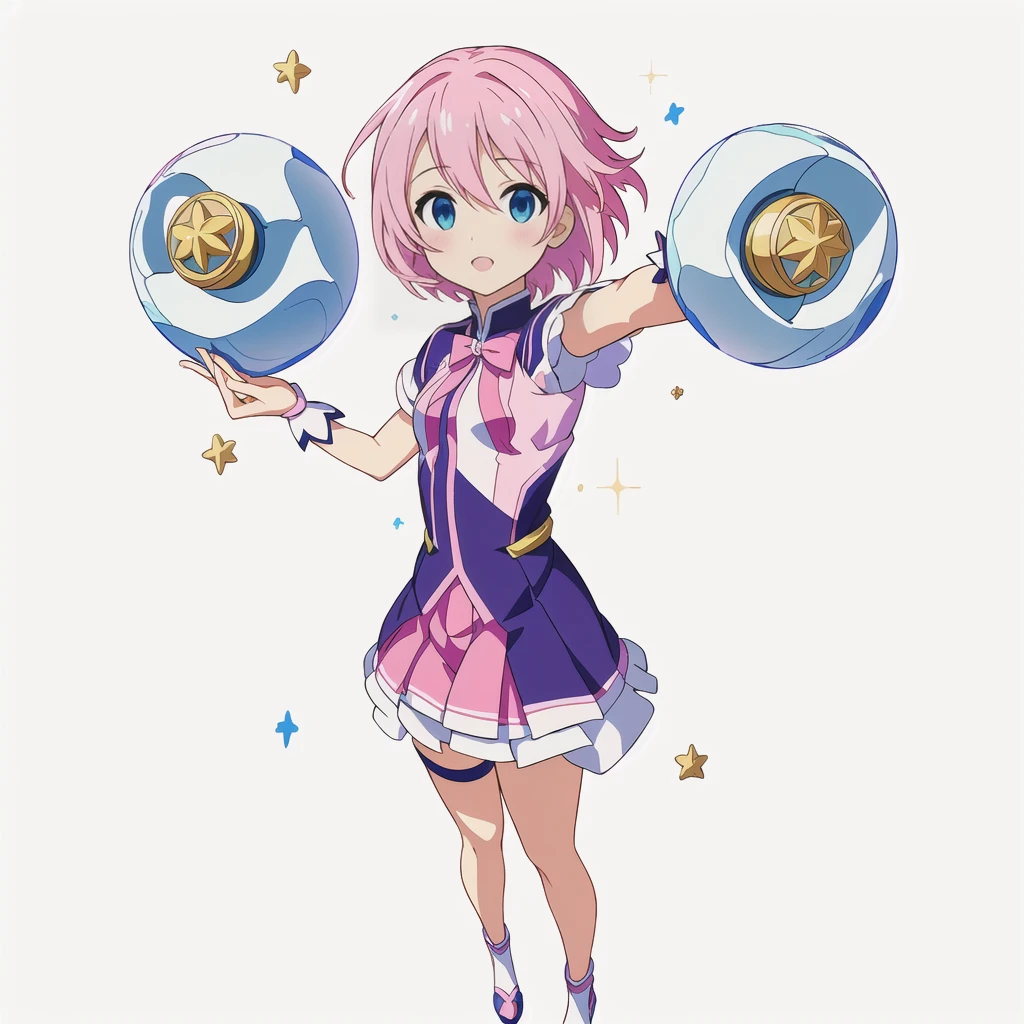 Highest quality, high resolution, High quality anime art style, Official Art, Smooth anime CG art, Stylized anime, Cute 3D anime girl render, Visual Novel Sprites, White background, whole body, Anime-style 3D, Smooth anime CG art, Humanoid Girl, JRPG Characters, Magical Girl Style, Pink Hairと紫色のドレスを着たアニメの女の子, Pink Hair, short hair, Pink ribbon, Floating in the air with stars painted on it２Spheres, Holding a magic recorder in his left hand ,Small Bust, Small breasts, 