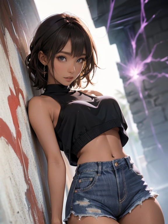 ((((Brown Skin、Dark Skin、Black Skin、Ultra-Realistic Skin))))One girl、Age 25、Extra large and firm breasts、Shapely super big breasts、Crop top、Shorts Jeans、rose、Crop top、Shorts Jeans、choker、（Graffiti：1.5）、Purple lightning splash。、Arms behind your back、Leaning against a wall、Facing the viewer from the front。、Thigh straps、Tilt your head、boredom、Watery eye、((Composition from below、Low - Angle))