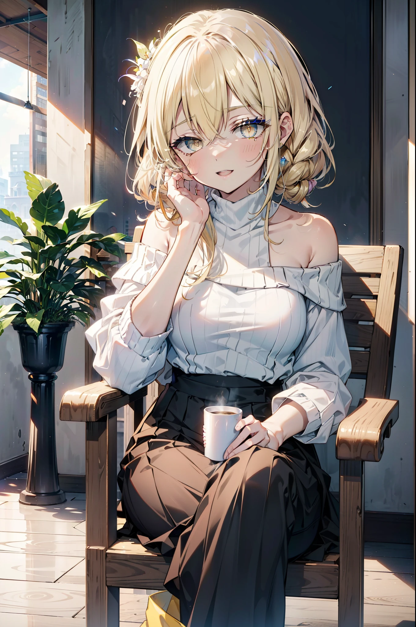 (アイスWallenstein, Wallenstein, blonde, Hair between the eyes, hair band, happy smile, smile, Open your mouth,Blonde,Long Hair, (Yellow Eyes:1.5),One-shoulder sweater,Long skirt,short boots,Sitting in a chair,There is food on the table,Daytime,Clear skies,whole bodyがイラストに入るように, break looking at viewer, whole body, break indoors,Coffee shop,, break (masterpiece:1.2), Highest quality, High resolution, unity 8k wallpaper, (shape:0.8), (Beautiful and beautiful eyes:1.6), Highly detailed face, Perfect lighting, Extremely detailed CG, (Perfect hands, Perfect Anatomy),