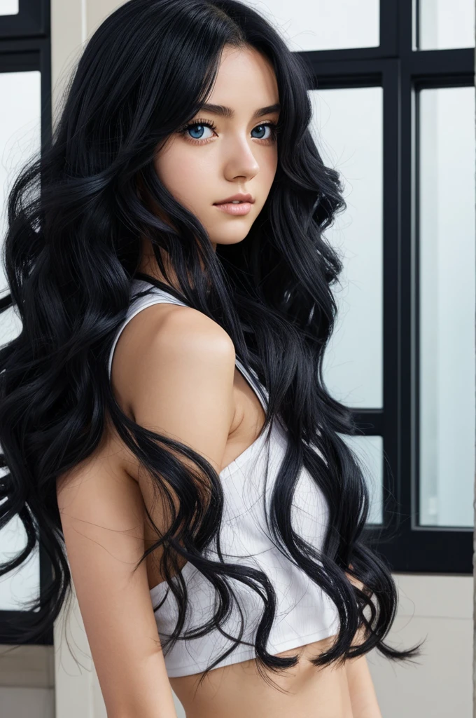 Boku no Hero , girl, long black curly hair , blue eyes , with a tender face , medium body , short.