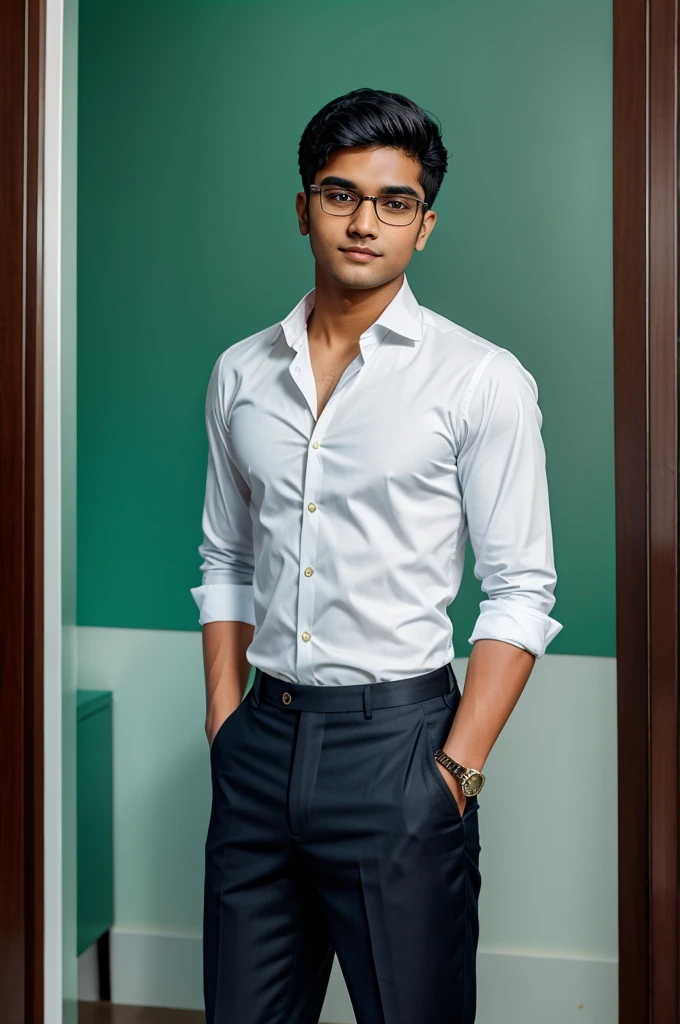 21 year old indian boy with fair skin wearing spectacles and narrow body posing for a linkedin picture in formals green light in background