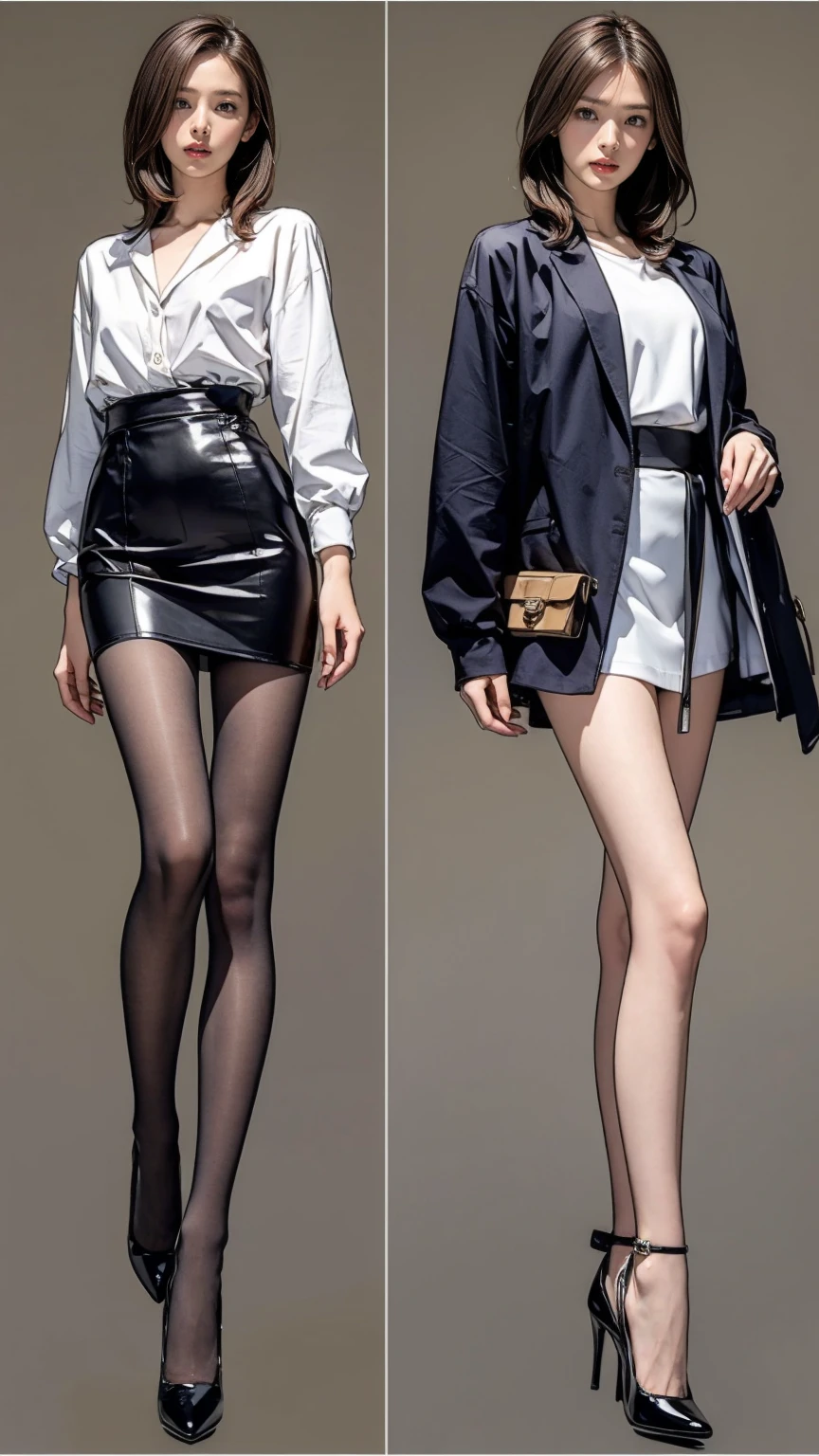 ((masterpiece)),(((Highest quality))),((Character design sheet)),Thin thighs,Long legs,Wearing a black jacket and white shirt、Wearing a super mini skirt,wear black tights,White panties exposed:1.5,Japanese women leaving the nest,Emi with long black hair:1.3), (Light brown hair:1.3), high waist,Wear black high heels,background is gray,whole body