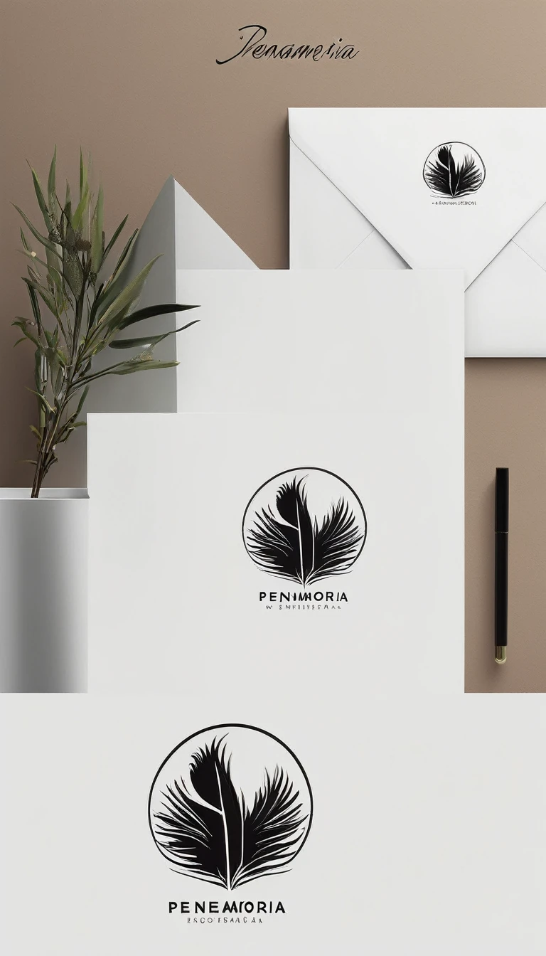 A minimal, modern, simple, cinematic logo design for the brand “Penamemoria". Create a modern, minimalistic, high-quality, logo of a bird feather