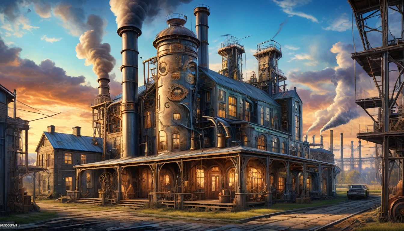 The farmhouse reimagined as an industrial revolution-era factory with smokestacks, machinery, and a bustling atmosphere. Style of H R Giger. Hyper realistic photo, vibrant colors, 16k