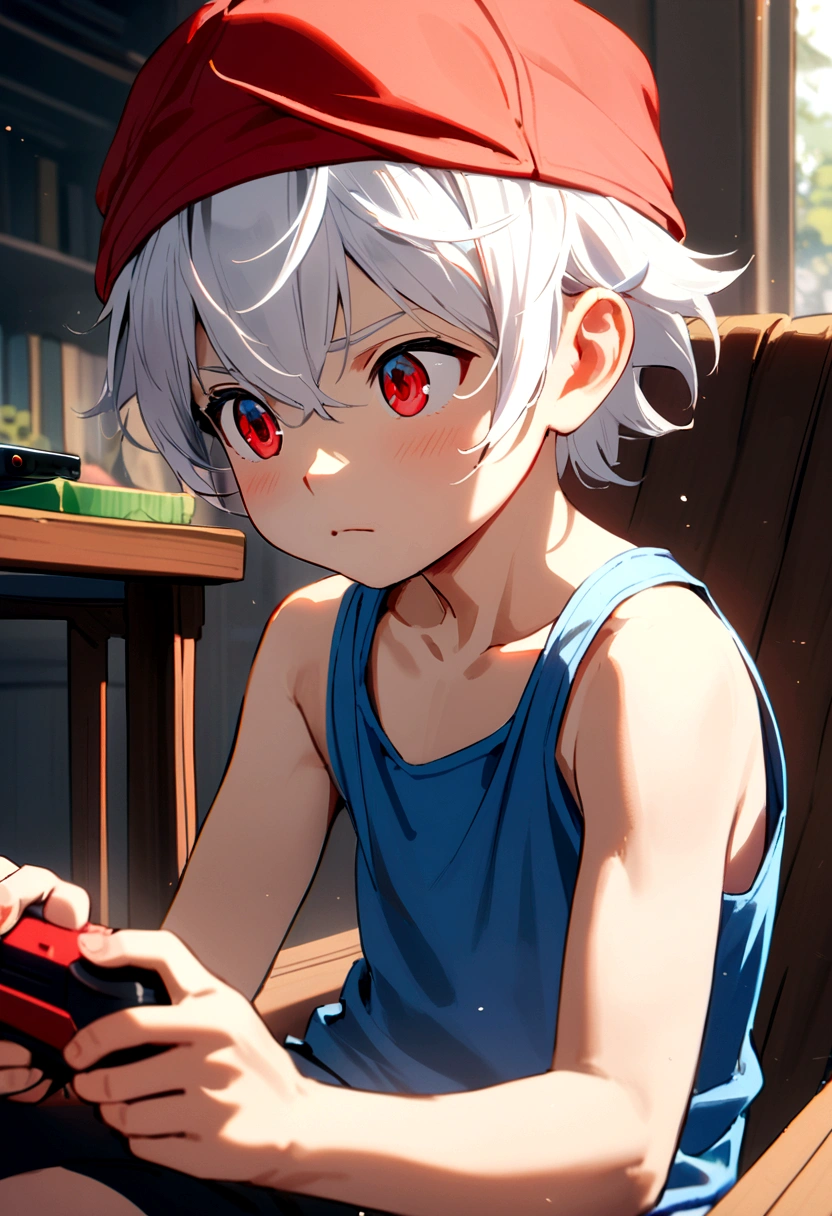 6 year old boy, white hair, red cap backwards, red eyes, blue tank top, red t-shirt inside. Play game