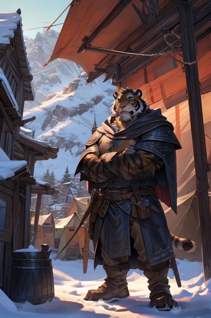 By Taran Fiddler, One man, furry, anthropomorphic snow tiger, mature male, dilf, older male, muscular, mustache, handsome face, white and black fur, stern face, medieval clothing, wearing light brown cloak, wearing satchel, standing up, arms crossed, cooking pot nearby, snow background, tent settlement background, moutain background, silhouettes in background (slightly crowded)